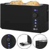 Balter Toaster 4 Scheiben, Edelstahl, Langschlitztoaster mit Brötchenaufsatz, 1500W, LCD Display, Defrost-/Aufwärmfunktion, Krümelschublade, Schwarz