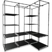 Relaxdays Eckschrank, HBT: 170 x 130 x 8 cm, 2 Kleiderstangen, 12 Ablagen, Eisen, Vlies, offener Kleiderschrank, schwarz