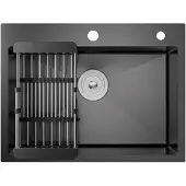 CECIPA MAX Edelstahlspüle 60x45 cm Schwarz mit ausziehbarem Abtropfkorb, Küchenspüle mit Nanobeschichtung, Einbauspüle für Unterschrank ab 60 cm,