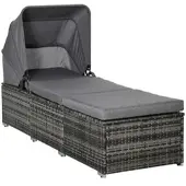 MODFU Sonnenliege PE-Rattan Grau 195x65x40 cm mit Baldachin, verstellbarer Rückenlehne und Kissen
