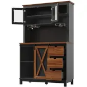 STILVORA Hochschrank Schwarz mit LED-Beleuchtung und App-Steuerung, Küchenschrank mit Schublade, Sideboard mit Schiebetür und 3 Schubladen