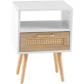 STILVORA Nachttisch MDF Weiß/Natur 40x30x55 cm mit Rattanfront und Schublade