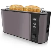 Arendo 1000 Watt Automatik Langschlitz Toaster, Display mit Restzeitanzeige, Auftaufunktion, Grau/Silber