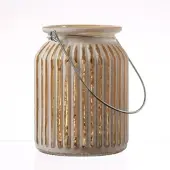 MARELIDA Windlicht für Teelichter geriffeltes Glas Metallhenkel H: 14,5cm weiß gold