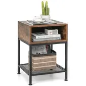 Costway Industriedesign Beistelltisch Nachttisch Sofatisch mit Metallgestell und Gitterablage (braun)