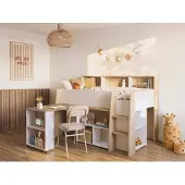 Vente-unique Kombibett - 90 x 200 cm - mit Schreibtisch & Stauraum - Weiß & Holzfarben - APOLINO