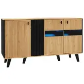 OKWISH Sideboard mit LED Stauraum Glas Holzdesign 140x78.5x41cm Schwarz Natur