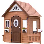 Backyard Discovery Spielhaus Aspen aus Holz | Outdoor Kinderspielhaus für den Garten inklusive Zubehör | Gartenhaus für Kinder mit Fenstern in Braun & Weiß