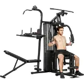 SPORTNOW Kraftstation Fitnessstation mit 69kg Gewichten, Seil, verstellbarer Bank