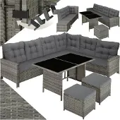 TecTake Rattan Lounge Barletta - Polyrattan Sitzgruppe mit UV-Schutz - Wasserabweisend - Graumeliert