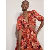 Apricot Druckbluse "Top mit Patchwork-Muster aus tropischen Blättern" Bindeband vorne