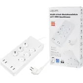 Logilink Wi-Fi Smart Steckdosenleiste 6-fach (CEE7/3), 4x USB, Tuya kompatibel, 6 AC-Ausgänge, Typ F, 1,8 m, Verkabelt & Kabellos, Weiß, Weiß