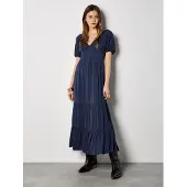 Apricot Maxikleid "Maxikleid mit Stufenrock", Damen, Gr. XS (34), N-Gr, blau (navy), gewebt, Obermaterial: 89% Viskose CV. 11% Lyocell CLY., Puffärmel Elastisch, Kleider Maxikleid, in Knitteroptik