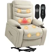 BundiGlassware Fernsehsessel Relaxsessel Elektrisch mit Aufstehhilfe, Massage, Heizung, USB-Anschlüsse, PU, Creme