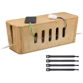 Relaxdays Kabelbox für 2 Steckdosenleisten, Bambus, HxBxT: 16,5 x 44 x 16 cm, Kabel verstecken, Steckdosenbox, natur