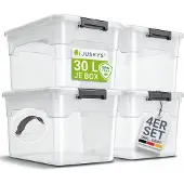 Juskys Aufbewahrungsbox mit Deckel - 4er Set Kunststoff Boxen 30l - Box groß, stapelbar, transparent - Aufbewahrung Ordnungssystem Aufbewahrungsboxen