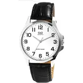 Q&Q Herrenuhr Kunstleder Kunstlederionsband, Ziffern, schwarz/silberfarben, 3 ATM, D 40 mm