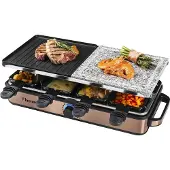 Bestron 2-in-1 Raclette-Partygrill: elektrisches Raclette für bis zu 8 Personen, kratzfester Naturgrillstein & antihaftbeschichtete Grillplatte, 8 Pfännchen & 8 Schaber, 1.400 Watt, Farbe: Kupfer