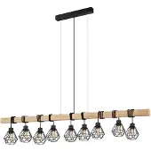 Eglo Pendellampe Townshend 5, 9 flammige Vintage Pendelleuchte im Industrial Design, Retro Hängelampe aus Stahl und Holz, Farbe Schwarz, braun, E27