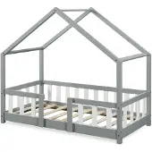 En.casa Kinderbett ’Treviolo‘ in Haus-Optik mit Rausfallschutz Kiefernholz 70 x 140 cm Hellgrau / Weiß