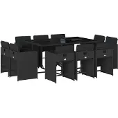 vidaXL 11-tlg. Garten-Essgruppe mit Kissen Schwarz Poly Rattan
