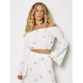 Apricot Klassische Bluse "Bardot-Crop-Top", Damen, Gr. XS (34), weiß, gewebt, Obermaterial: 89% Viskose CV. 11% Leinen LI., gemustert, Blusen Klassische Bluse, mit Paisley-Stickerei