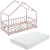 En.casa Kinderbett 'Treviolo' mit Matratze und Rausfallschutz 70x140cm Rosa / Weiß