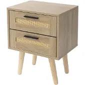 ML-Design Nachttisch 2 Schubladen 40x50,5x30 cm Eiche Rattan Massivholzfüße Nachtschrank Schlafzimmer