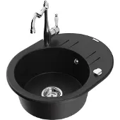 Mexen Kevin 1 Becken-Granitspüle mit Abtropffläche und Mischbatterie Carla, Schwarz - 6517-77-670700-00