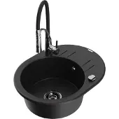 Mexen Kevin 1 Becken-Granitspüle mit Abtropffläche und Mischbatterie Aster, Schwarz - 6517-77-73450-07-B