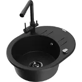 Mexen Kevin 1 Becken-Granitspüle mit Abtropffläche und Mischbatterie Duero, Schwarz - 6517-77-671600-70-B