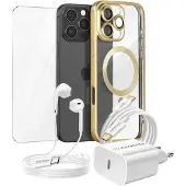 Mayaxess , Essential-Paket für iPhone 16 Pro Max Hülle, Schutzglas, Ladegeräte, Kopfhörer, Gold