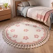 Little Olly Waschbarer Kinderteppich Rund - Moos Flower Rosa Ø 80cm