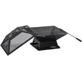 MODFU Feuerschale Stahl Schwarz 45x45x34 cm mit Grillrost, Funkenschutz und Schürhaken