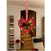 Konstsmide - LED Holzsilhouette "Herz", rot, mit rot-weißem Stoffband, 30 warm weiße Dioden, 24V Innentrafo, rotes Kabel ; 6217-550