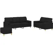 vidaXL 3-tlg. Sofagarnitur mit Kissen Schwarz Stoff