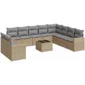 vidaXL 11-tlg. Garten-Sofagarnitur mit Kissen Beige Poly Rattan