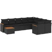 vidaXL 10-tlg. Garten-Sofagarnitur mit Kissen Schwarz Poly Rattan