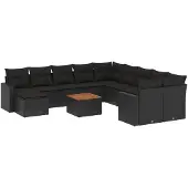 vidaXL 12-tlg. Garten-Sofagarnitur mit Kissen Schwarz Poly Rattan