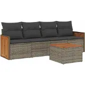 vidaXL 5-tlg. Garten-Sofagarnitur mit Kissen Grau Poly Rattan