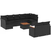 vidaXL 10-tlg. Garten-Sofagarnitur mit Kissen Schwarz Poly Rattan