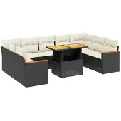 vidaXL 10-tlg. Garten-Sofagarnitur mit Kissen Schwarz Poly Rattan