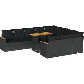 vidaXL 11-tlg. Garten-Sofagarnitur mit Kissen Schwarz Poly Rattan