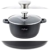Cheffinger Kochtopf Aluguss Glasdeckel Ø40cm Induktion Marmorbeschichtung Suppentopf Pfanne schwarz
