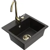 Mexen Milo 1-Becken-Granit-Spüle mit Mischbatterie Telma, Schwarz/Gold - 6505-75-670200-50