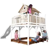 Axi Spielhaus Liam mit Sandkasten & weißer Rutsche | Stelzenhaus XXL in Braun & Weiß aus FSC Holz für Kinder | Spielturm mit Wellenrutsche für den Garten