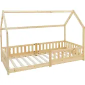 ML-Design Kinderbett 90x200 cm mit Rausfallschutz, Dach und Lattenrost, Natur, Hausbett aus massivem Kiefernholz, Bodenbett, Holzbett