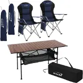 HAUKI Campingmöbel Set 3tlg., Klapptisch Braun mit 2 Campingstühlen Blau inkl. Tragetasche