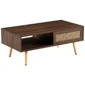 OKWISH Couchtisch Beistelltisch Rattanoptik mit Schiebetür und Stauraum Wohnzimmertisch Massivholzbeine Braun