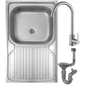Deante Einzelbecken-Stahlspüle 80x50 + Hahnloch + Wasserhahn + Siphon